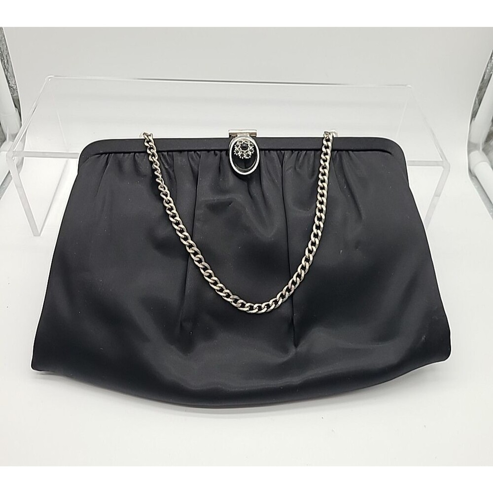 Vintage Ande Clutch Chain Strap Black Satin Purse Bag Frame Evening Silver